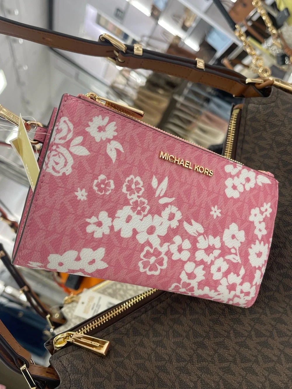 MICHAEL KORS Pink Floral Zip Wallet Wristlet with Gold Hardware